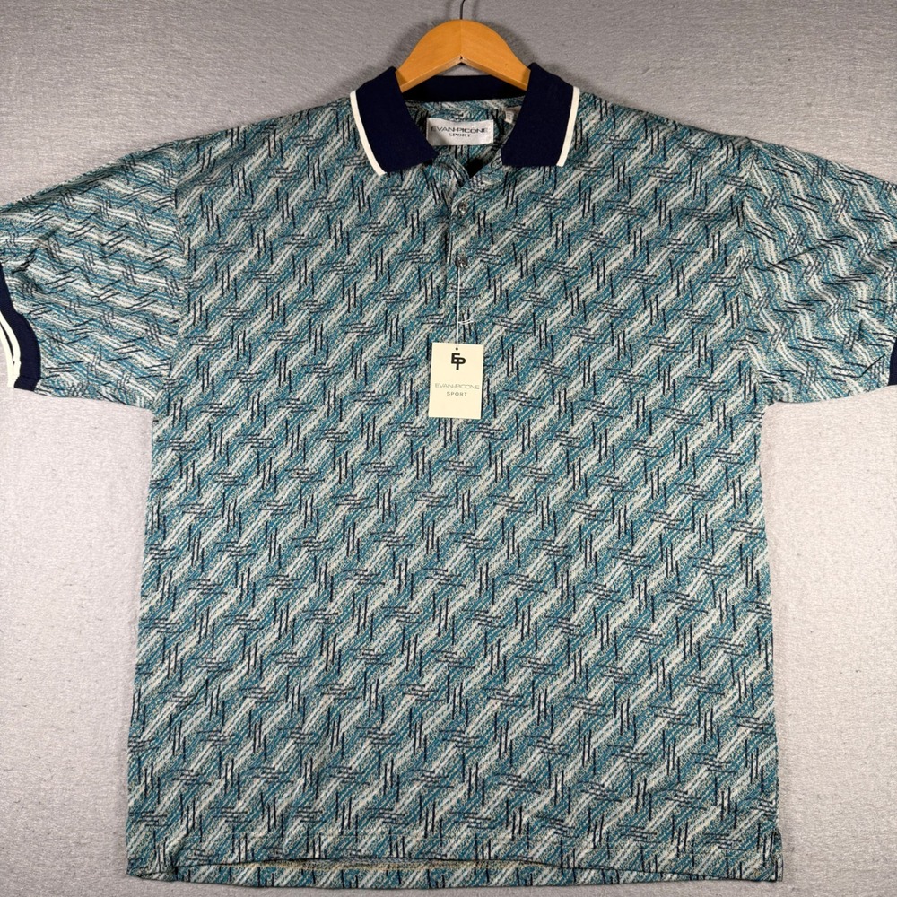 Vintage Evan-Picone Sport Mens Large Teal Navy Geometric Abstract Polo Shirt NWT